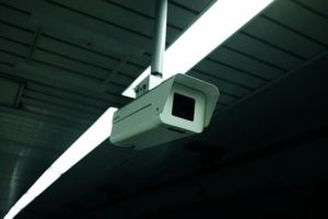 a security camera in a dark industrial building