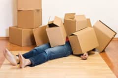 image of woman covered in removal boxes